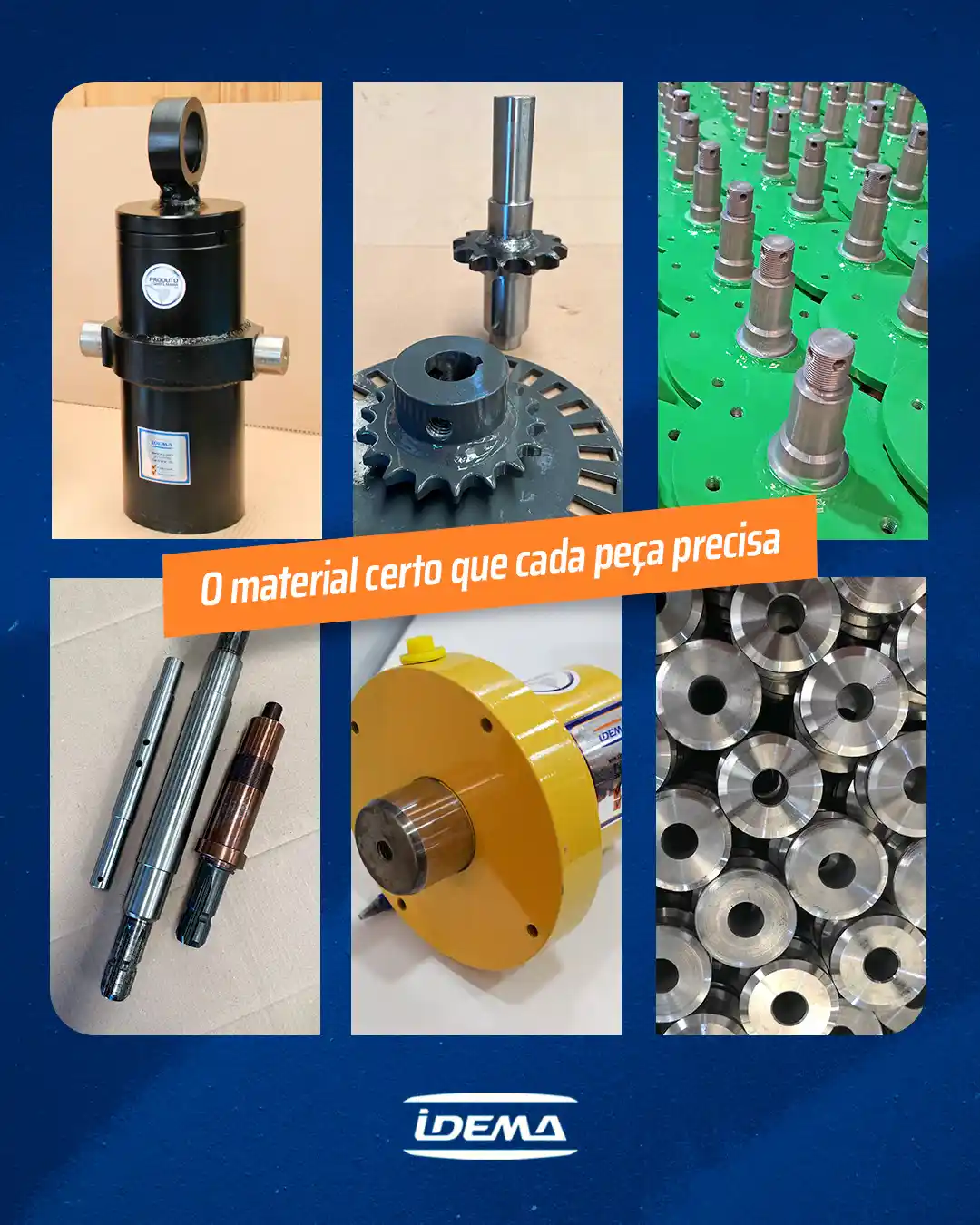 Composição de fotos mostrando cilindros hidráulicos, engrenagens e eixos usinados.