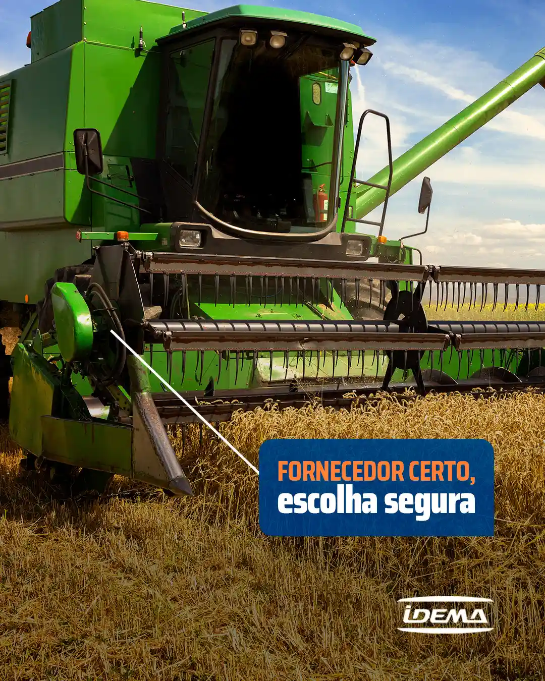 Maquinário agrícola de grande porte destacando a Idema como a escolha segura para fornecimento de peças.