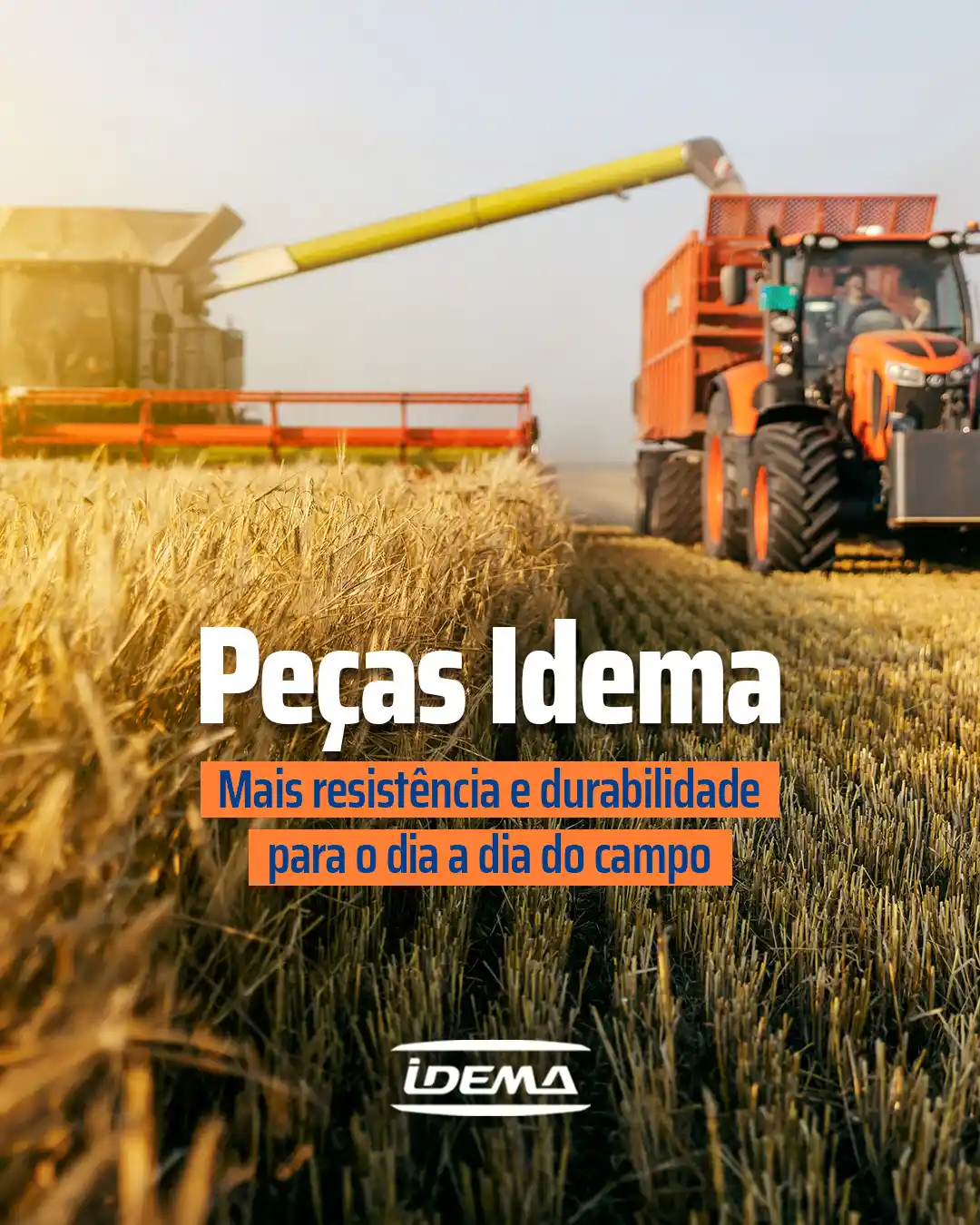 Colheitadeira operando no campo com destaque para a resistência das peças produzidas pela Idema.